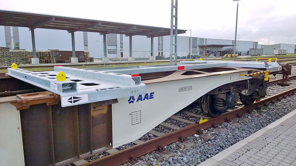 Der Bahnwagenadapter für den ContainerMover erlaubt den einfachen Containertransfer auf den LKW